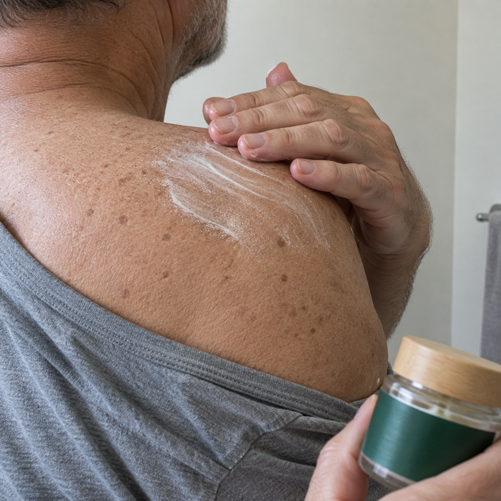 Crema Lenitiva SOLLEVA applicata sulla spalla, uomo